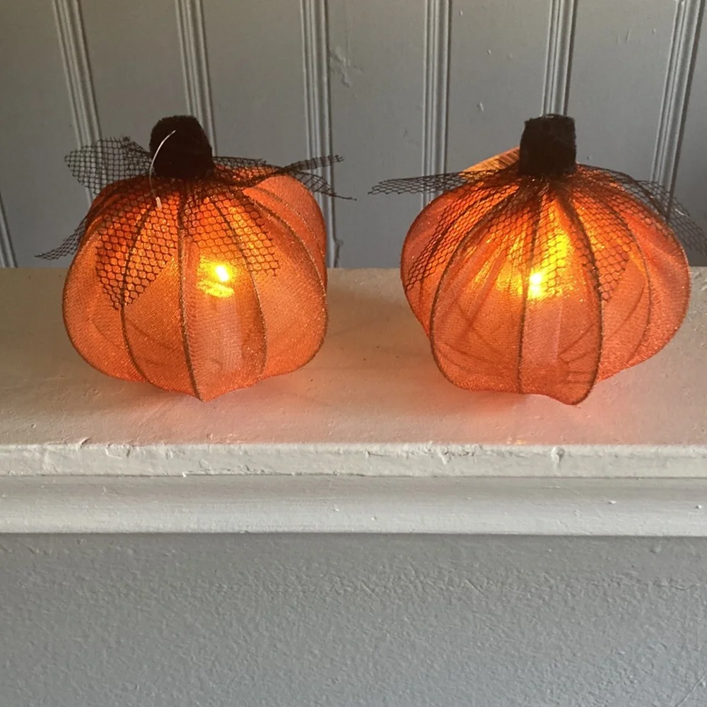 NWT- 2- Elegant Orange Lace Covered Light Up LED Halloween Pumpkin Decorations